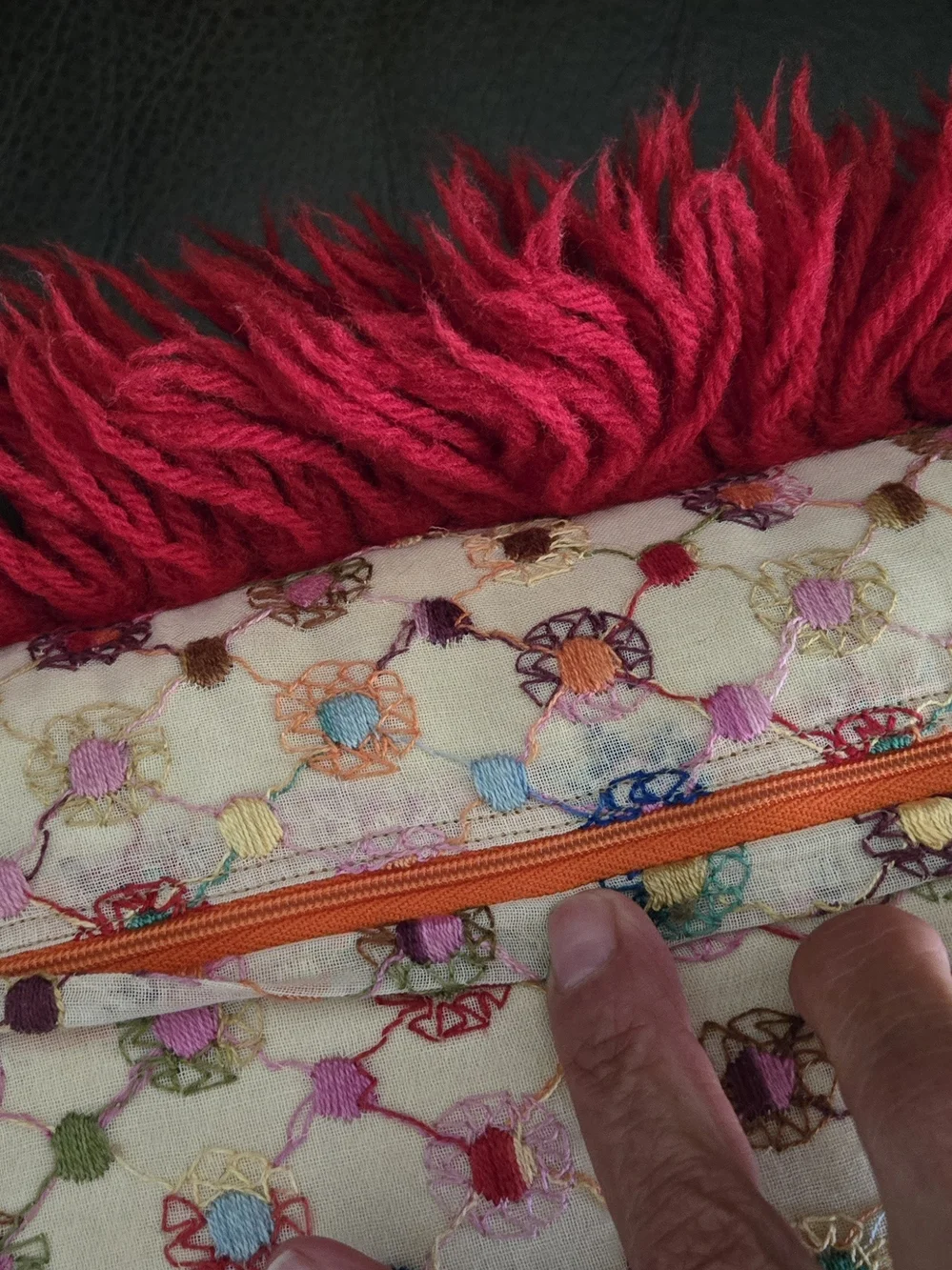 Vintage Embroidered Multicolor Decorative Throw Pillow with Red Fringe